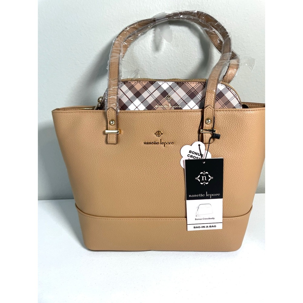 NEW Nanette Lepore Brielle Camel Tote‎ Bag & Plaid Crossbody Handbag Set Purse